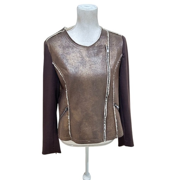 G by Giuliani metallic Brown Shearling zip up moto Jacket Ponte knit size large - Picture 5 of 13